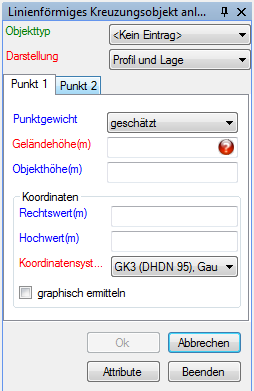 Optionsmenü zum Anlegen eines flächenförmigen Kreuzungsobjektes