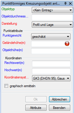 Optionsmenü zum Anlegen eines flächenförmigen Kreuzungsobjektes
