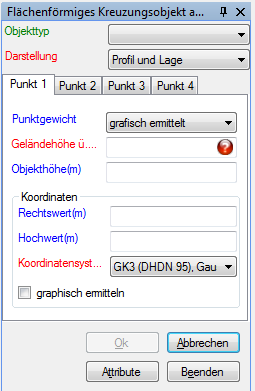 Optionsmenü zum Anlegen eines flächenförmigen Kreuzungsobjektes