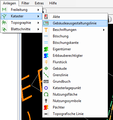 Gebäudeausgestaltungslinie im Untermenü "Kataster"