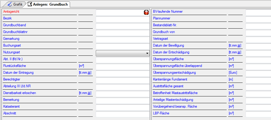 Optionsfenster für das Anlegen eines Grundbuchs