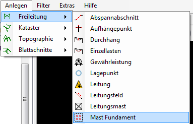Mast Fundament im Untermenü "Freileitung"