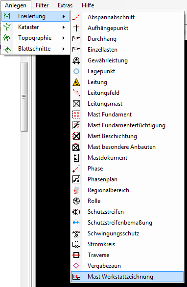 Mast Werkstattzeichnung im Untermenü "Freileitung"