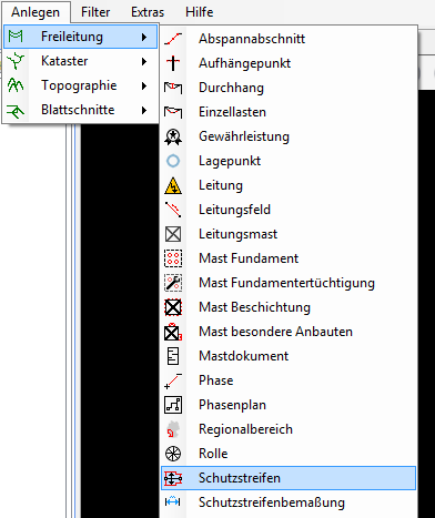 Schutzstreifen unter dem Menüpunkt "Freileitung"