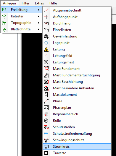 Stromkreis unter dem Menüpunkt "Freileitung"