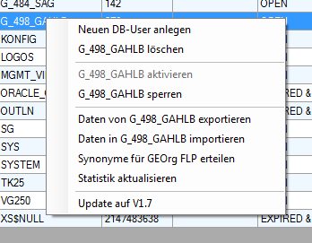 Kontextmenü für die Datenbankuser