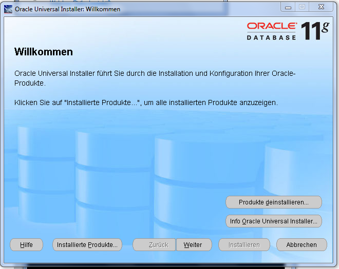 Willkommensfenster von Oracle Willkommensfenster von Oracle